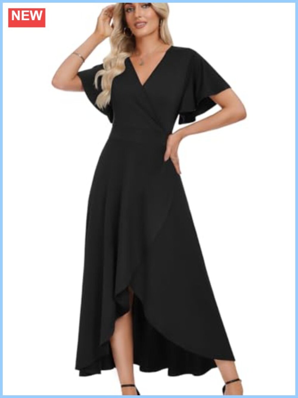 Women V Neck Ruffle Sleeve Maxi Dress Split Wrap Waist Formal Wedding Guest